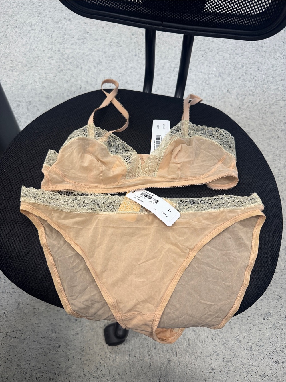 Sheer Lace-Trim Bralette & Bikini Set in Nude Peach
